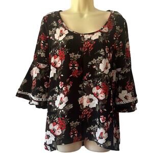 Corvia Black Floral Print Blouse woman Size Medium 3/4 Layer Bell Sleeves Boho